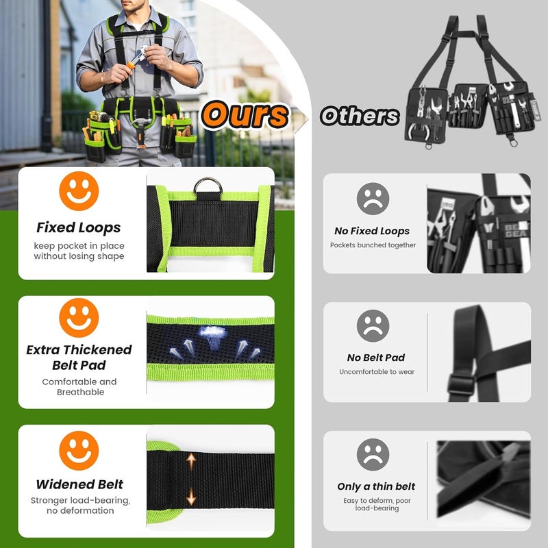 TEKCHIC Tool Belt, Professional Tool Belts for Men, Magnetic Tool Pouch With Suspenders, Heavy Duty Detachable Adjustable Utility Belt Work Bags for Electrician, Carpenter (Black and Green, 32"-66") - Image 4